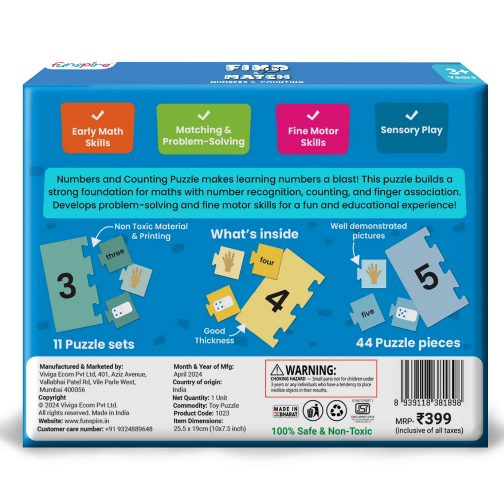 Numbers & Counting Puzzle box back - 11 puzzle sets, 44 pieces, Find & Match, Funspire