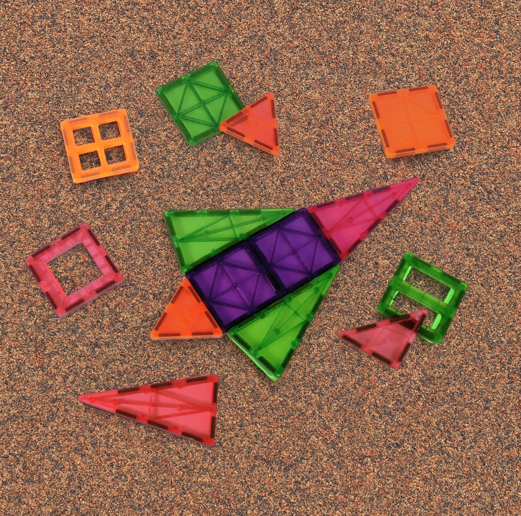 Magnetic tiles arranged into a rocket shape