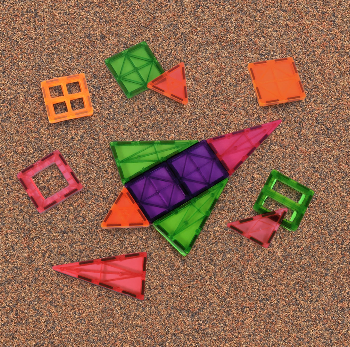 Magnetic tiles arranged into a rocket shape