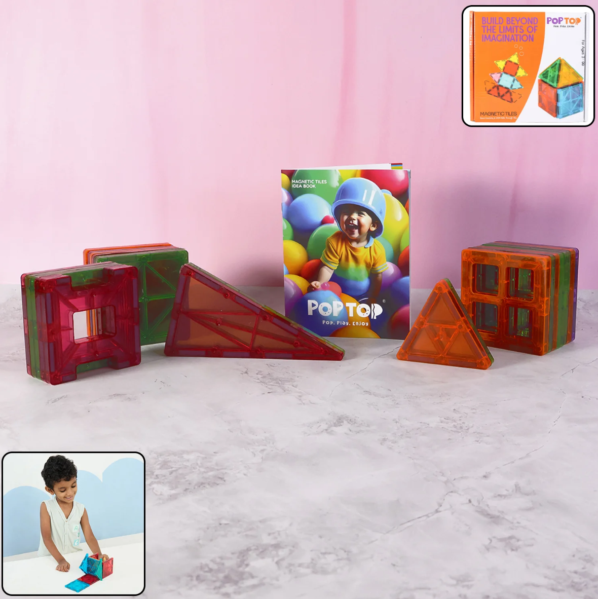Magnetic Building Tiles 32-piece set with idea book and child playing