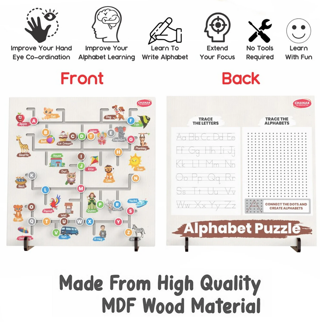 Alphabet Puzzle front and back - tracing board, connect the dots, MDF wood
