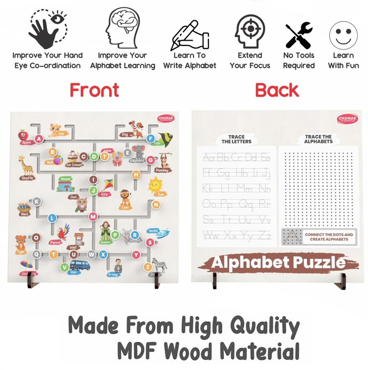 Alphabet Puzzle front and back - tracing board, connect the dots, MDF wood